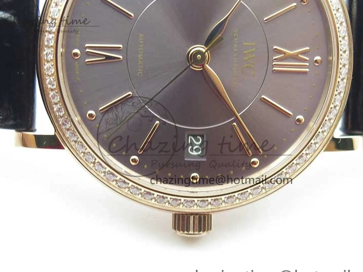 MIROTIME 0522 Durable Portofino 37mm RG V7F 1:1 Best Edition Gray Dial Diamonds Bezel on Black Leather Strap A 7089
